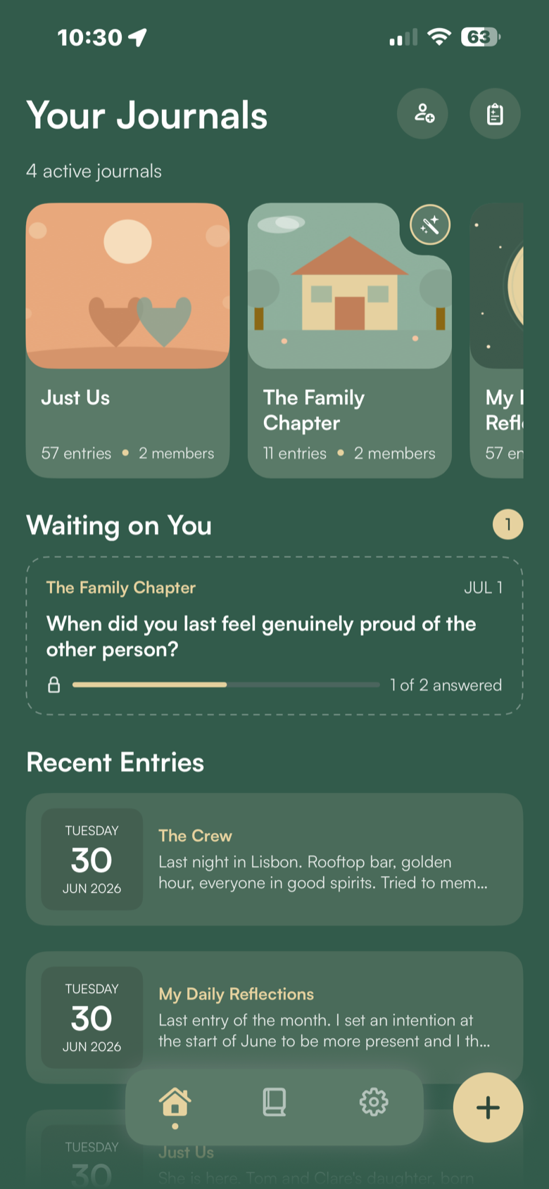 The Pebbii home screen: your journals, the prompt waiting on you, and recent entries