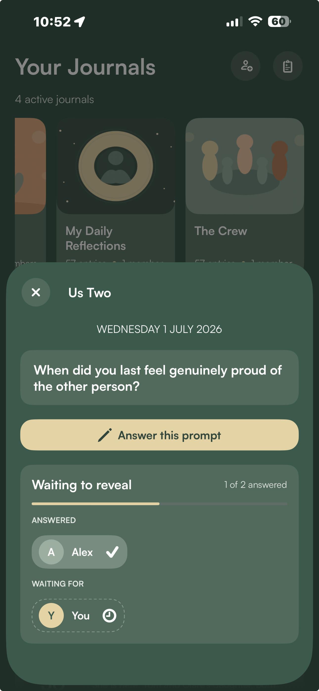 A prompt held back: Alex has answered, you have not, so nothing is revealed yet